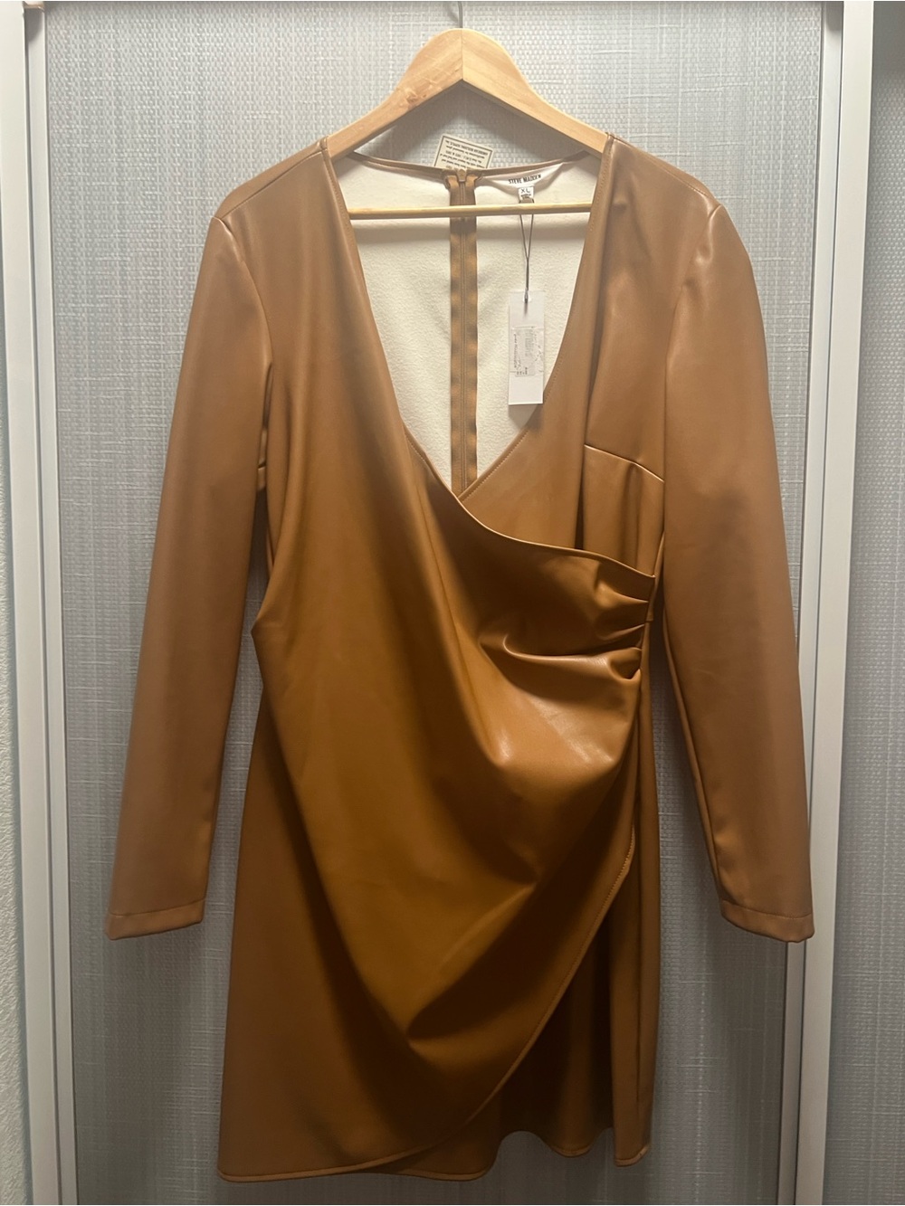 Steve Madden Camel Faux Leather Long Sleeve Wrap Dress